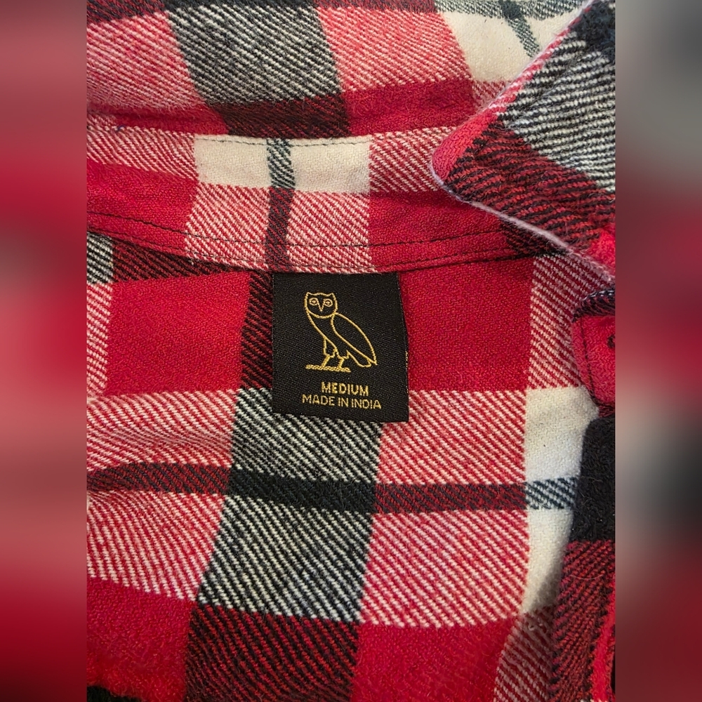 OVO October’s Very Own Plaid Flannel Shirt Medium Red Buffalo Check Owl Logo